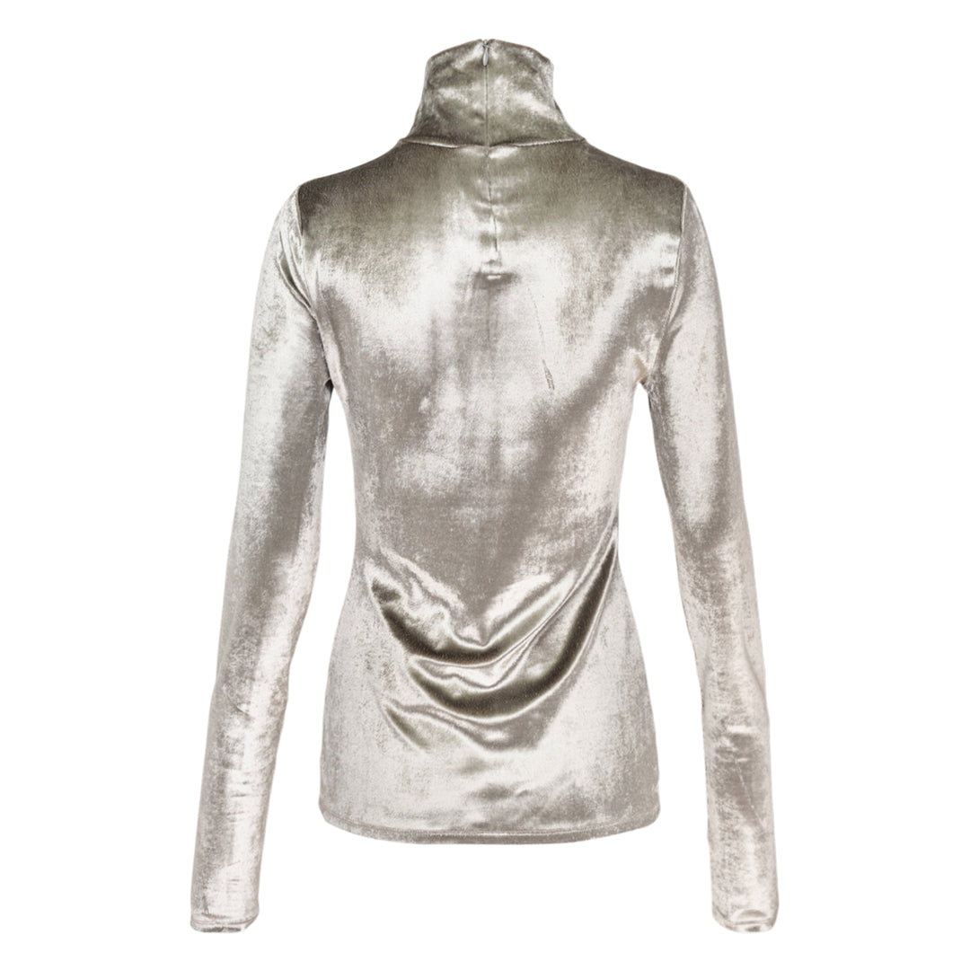 Lemaire Fitted High Neck Velvet Top in silver-grey crushed velvet, shown from the back, featuring a turtleneck collar and long fitted sleeves