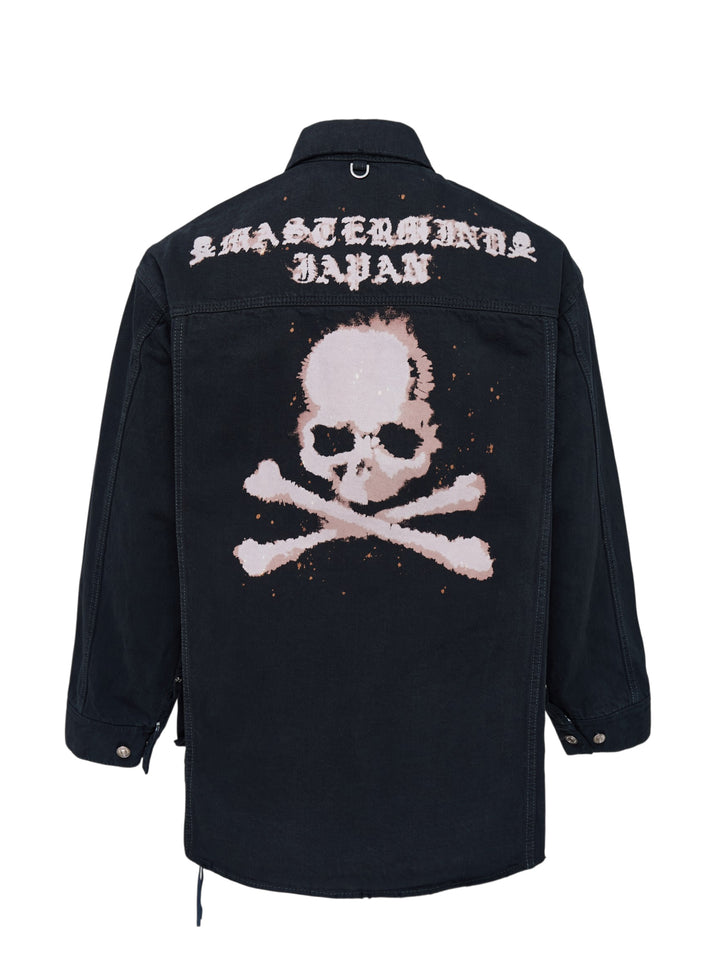 Mastermind washed black denim shirt jacket with pleated front, snap buttons and flap chest pocket - view 2