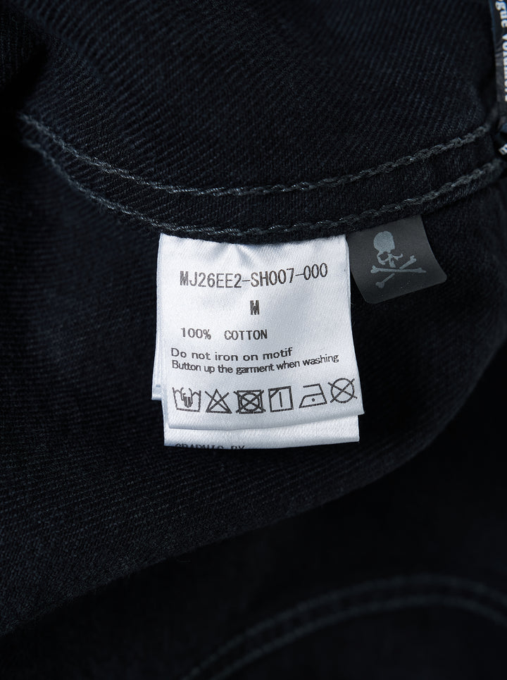 Mastermind washed black denim shirt jacket with pleated front, snap buttons and flap chest pocket - view 3