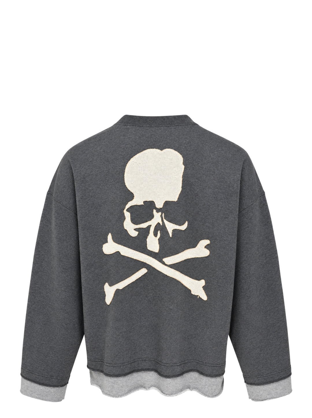 Mastermind Japan Cut-Off Boxy Crew Sweatshirt in charcoal grey with contrast raw-edge layered hem and cuffs, kangaroo pocket, and woven skull logo label at back neck - view 2