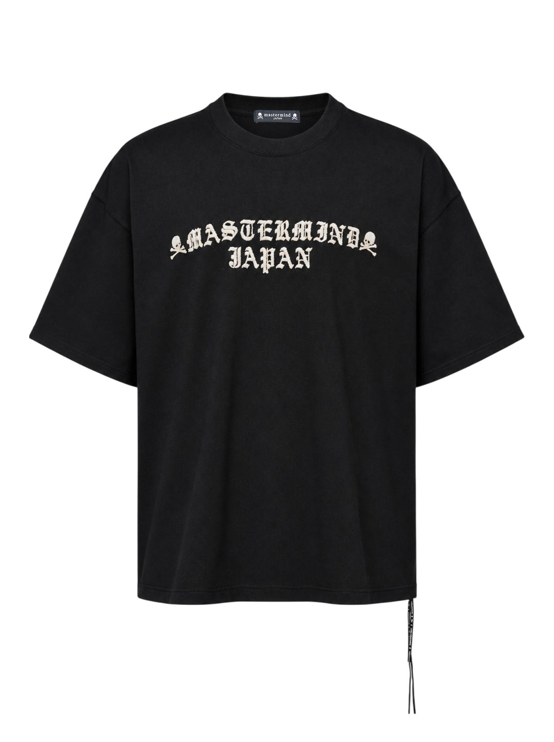 Mastermind Former OG short sleeve tee in black with embroidered blackletter Mastermind Japan lettering and skull and crossbones motifs