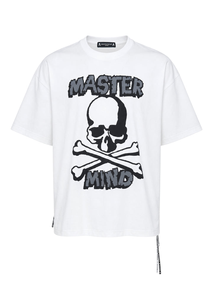 Mastermind white short sleeve tee with a large black and grey skull and crossbones graphic and MASTER MIND lettering