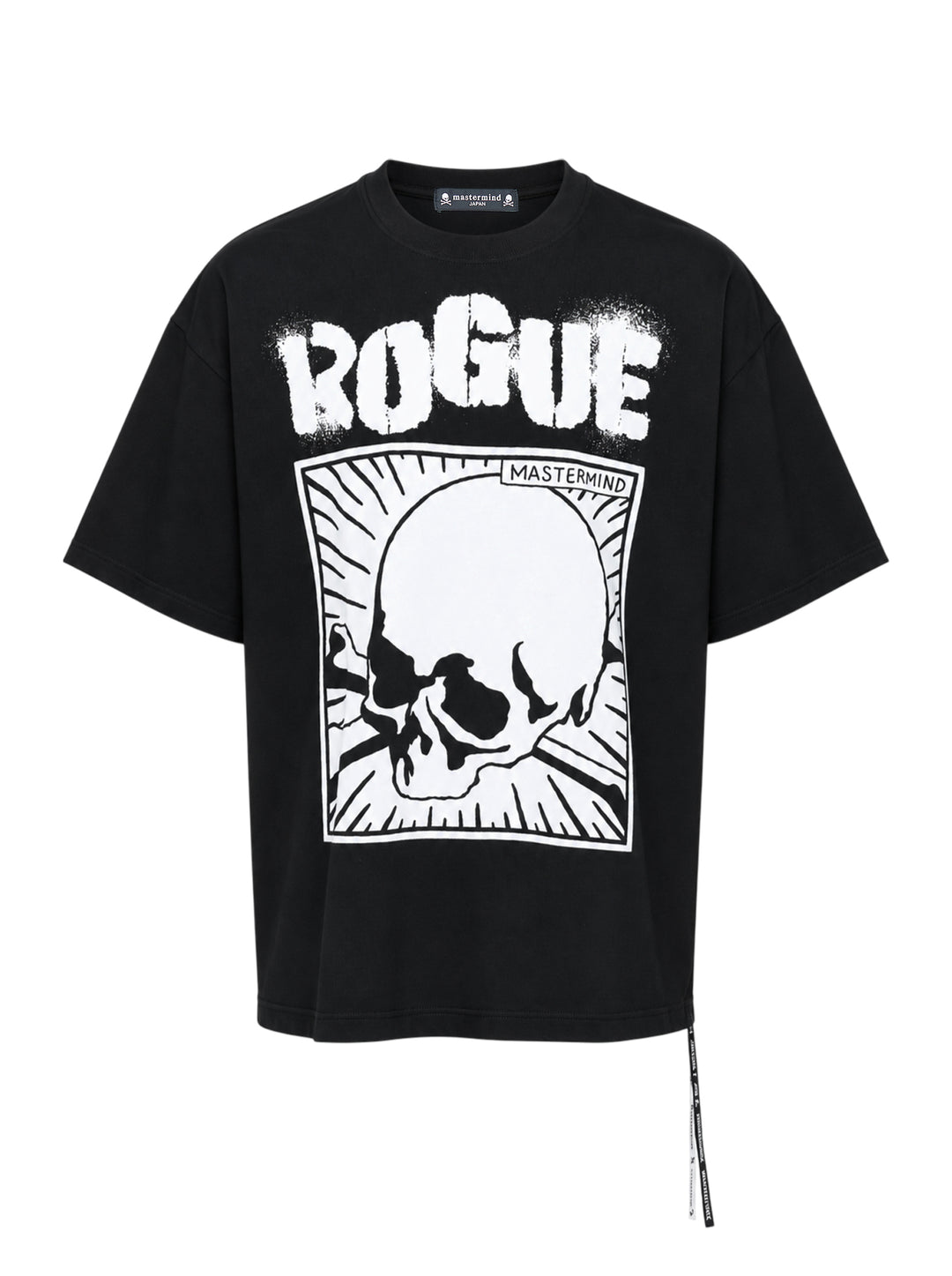 Mastermind black boxy short sleeve tee with white spray-stencil ROGUE lettering and a framed cartoon skull and crossbones graphic