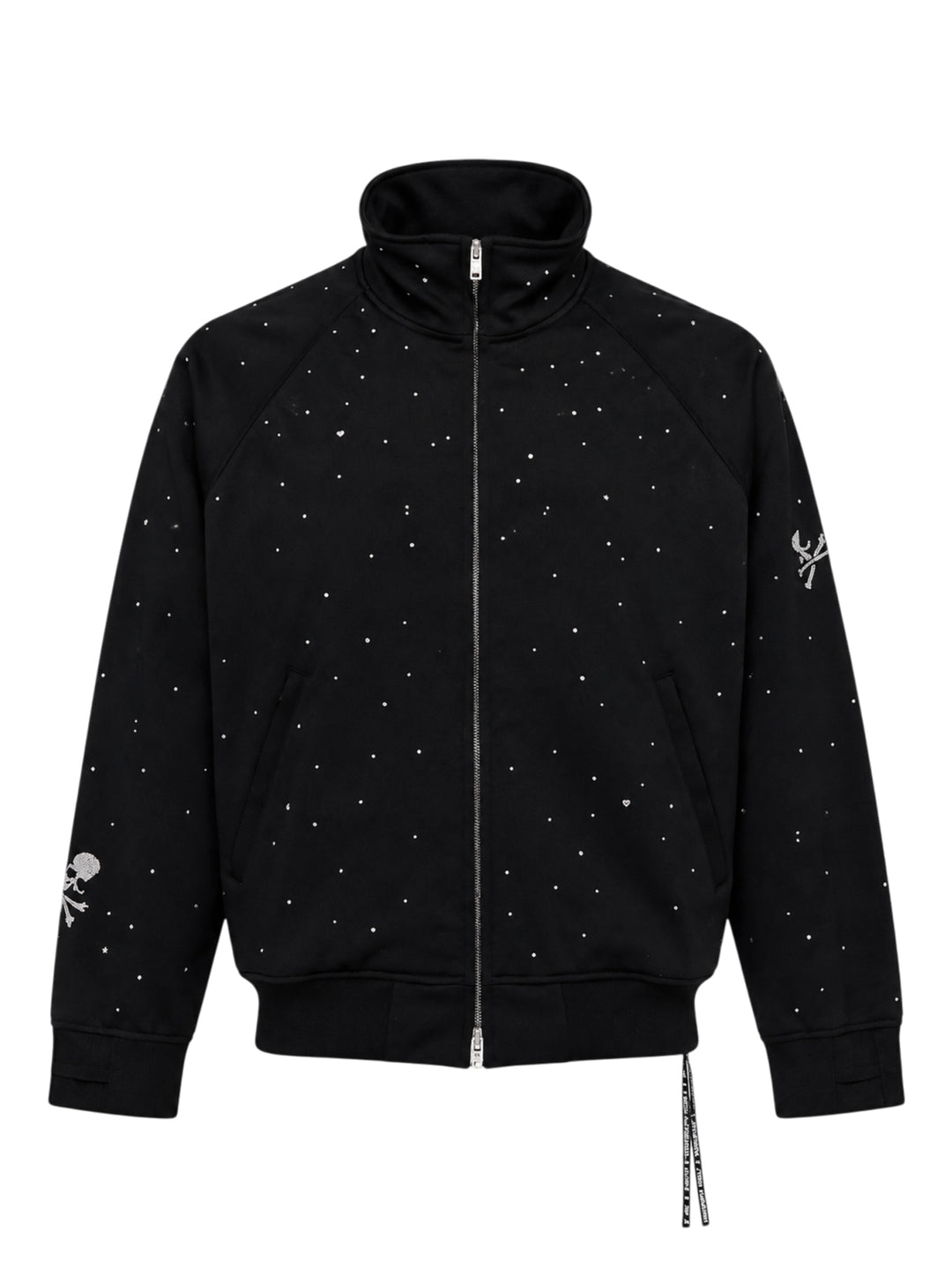 Mastermind black jersey track jacket embellished with scattered Swarovski crystals and crystal skull-and-crossbones motifs on the sleeves