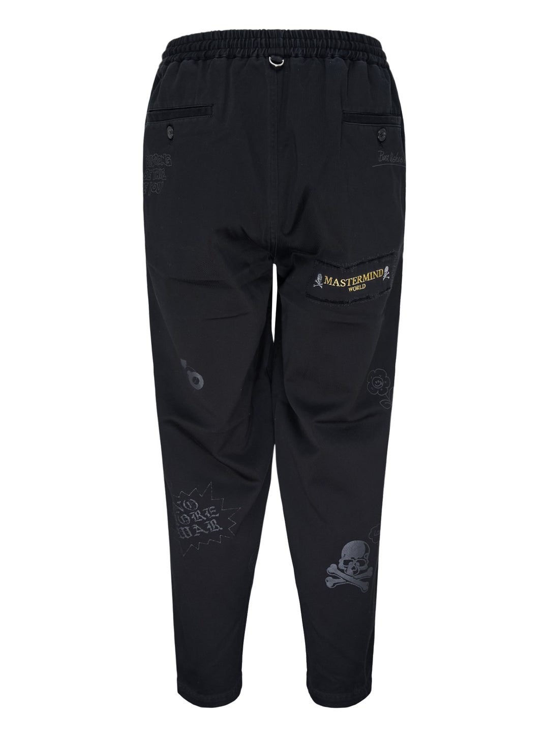 Mastermind Doodle Print Easy Pants in black with all-over graphic prints including skull-and-crossbones, yin-yang symbol, kanji script, and hand-scrawled text, featuring an elasticated drawstring waistband and tapered leg - view 2