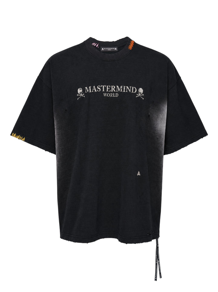 Mastermind OG Vintage boxy short sleeve tee in faded black with distressed details, contrast hand-stitched collar trim and Mastermind World skull logo print