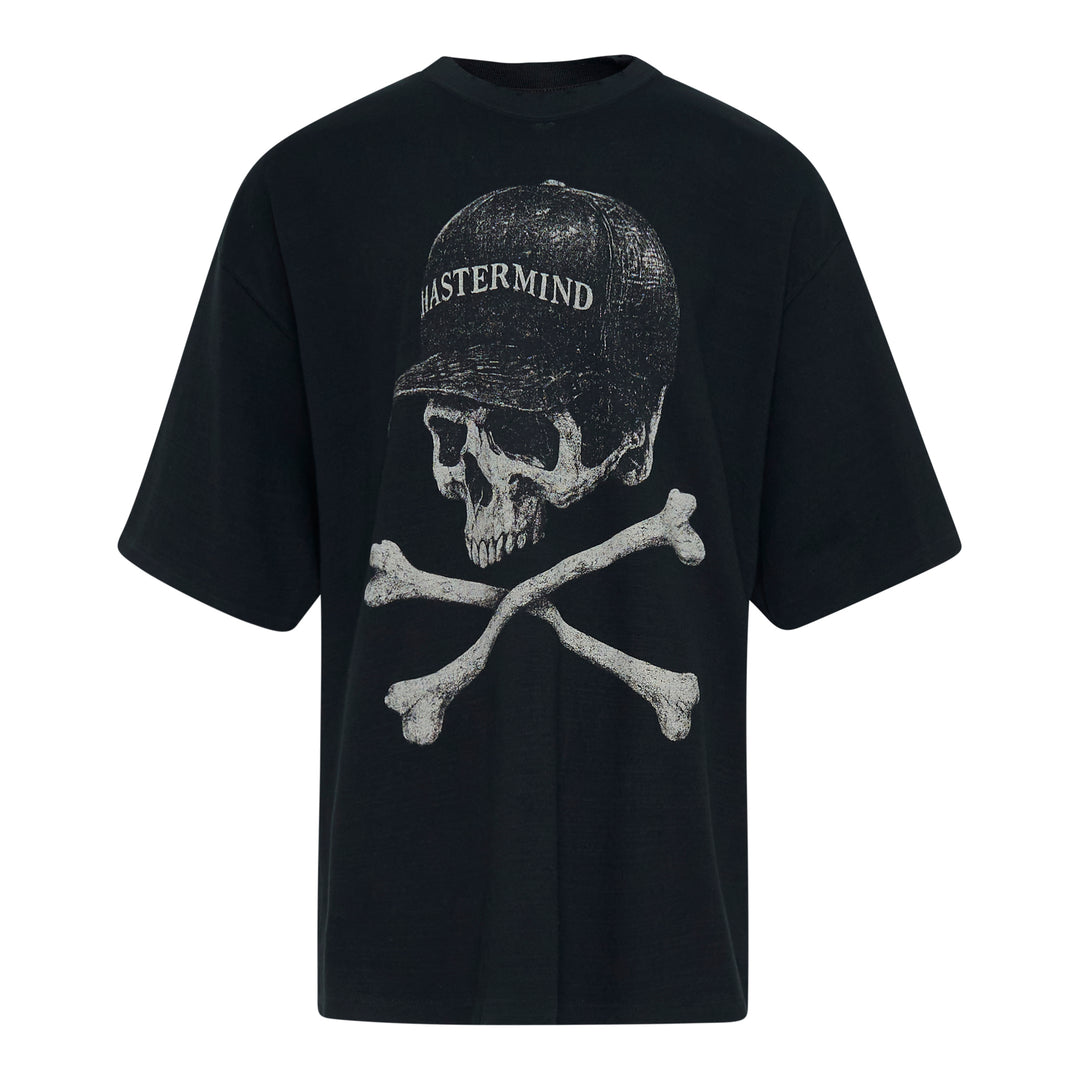 Mastermind black boxy short sleeve tee with large distressed skull and crossbones graphic, skull wearing a cap with Mastermind lettering, front view on white background