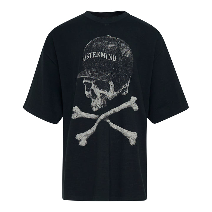 Mastermind black boxy short sleeve tee with large distressed skull and crossbones graphic, skull wearing a cap with Mastermind lettering, front view on white background