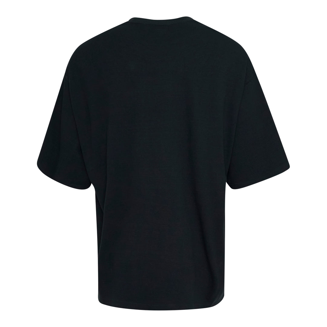 Mastermind black boxy short sleeve tee with large distressed skull and crossbones graphic, skull wearing a cap with Mastermind lettering, front view on white background