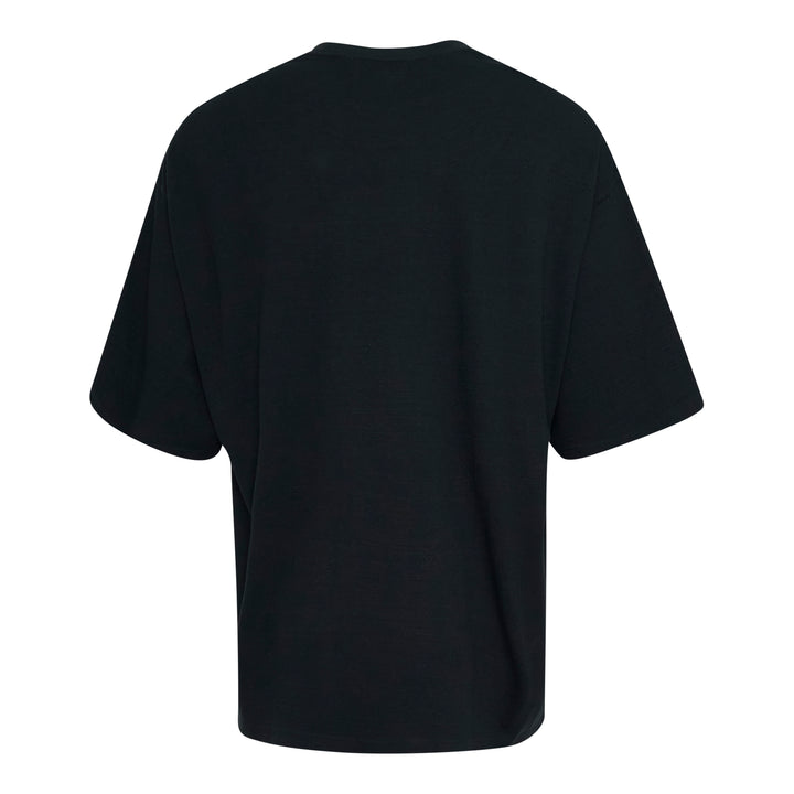 Mastermind black boxy short sleeve tee with large distressed skull and crossbones graphic, skull wearing a cap with Mastermind lettering, front view on white background