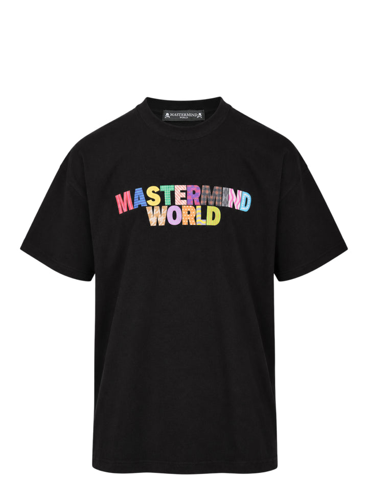 Mastermind World black boxy short sleeve tee with multicolour plaid-patterned arched logo wordmark printed across the chest