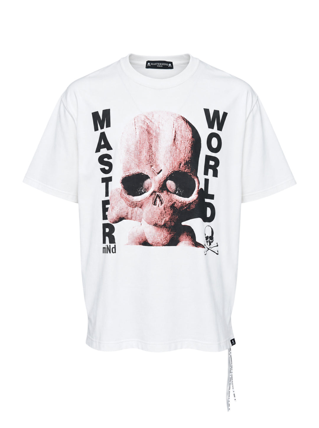 Mastermind World Skull Kid white short sleeve tee with pink skull-and-crossbones graphic and black vertical lettering