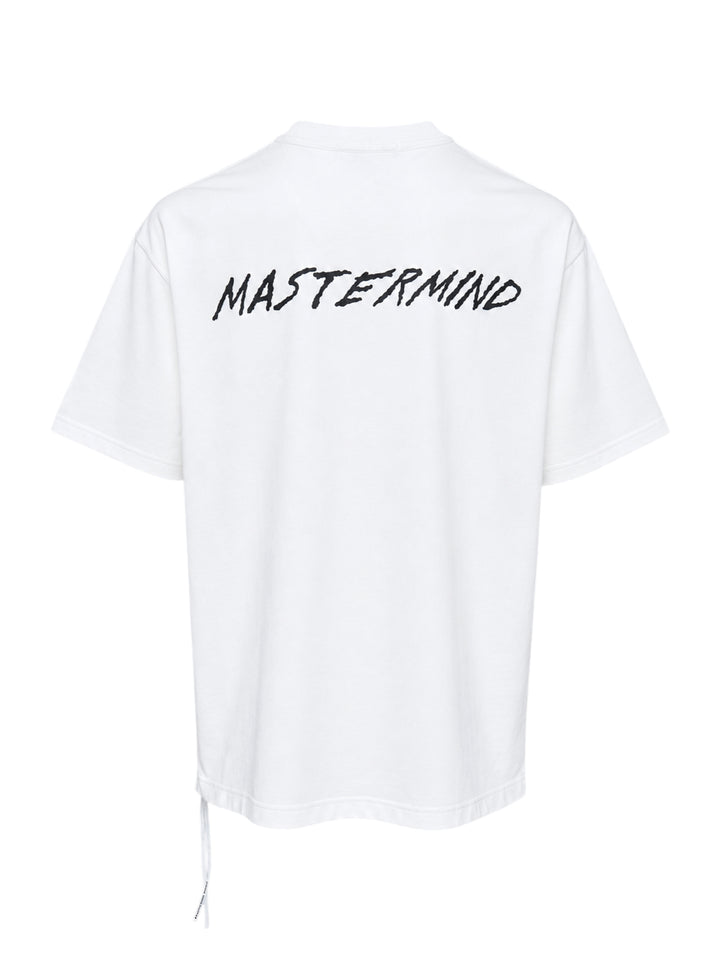 Mastermind World Skull Kid white short sleeve tee with pink skull-and-crossbones graphic and black vertical lettering - view 2