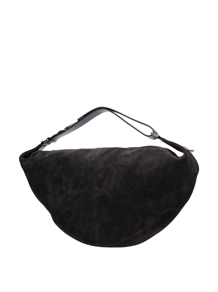 Lemaire Quiver Clip Bag in black suede leather with crescent silhouette, adjustable strap, gunmetal hardware, and exterior zip pocket - view 2