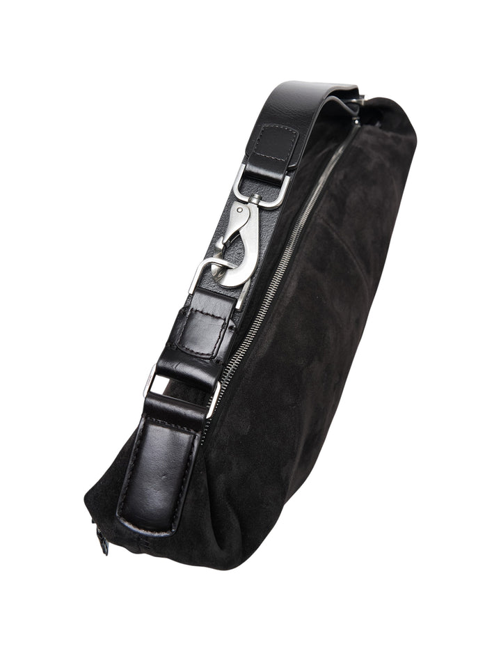 Lemaire Quiver Clip Bag in black suede leather with crescent silhouette, adjustable strap, gunmetal hardware, and exterior zip pocket - view 3