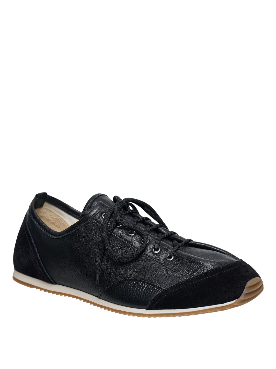 Lemaire Gummy Grip Mix Napp Sneaker in black pebbled leather and suede with white midsole and gum rubber outsole, side profile view - view 2