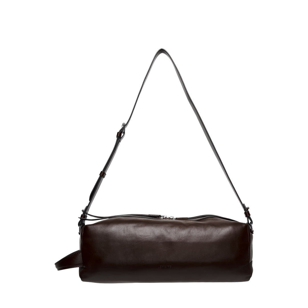 Lemaire Care Sling Bag in dark brown nappa lambskin with adjustable crossbody strap and zip closure, front view on white background