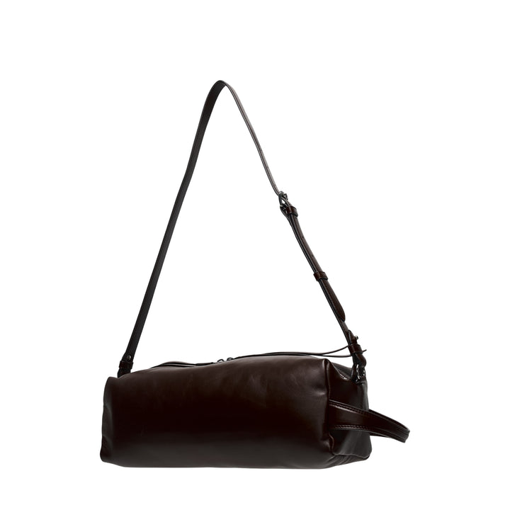 Lemaire Care Sling Bag in dark brown nappa lambskin with adjustable crossbody strap and zip closure, front view on white background