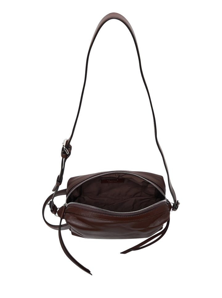 Lemaire Small Care Bag in dark brown nappa lambskin with adjustable crossbody strap, top zip closure, and knotted leather pull ties - view 3