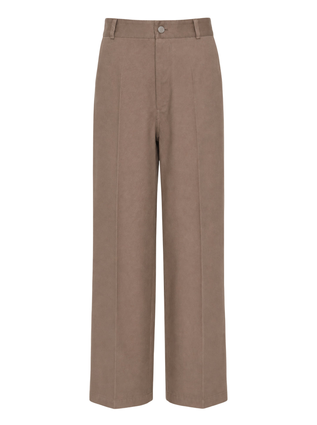 Lemaire Barrel Poly Cotton Pants in warm taupe, featuring a wide-leg silhouette, front pintuck seams, and a high-rise snap-button waistband