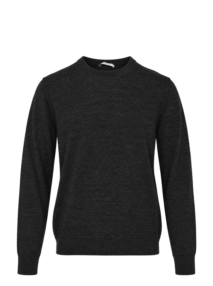 Lemaire crew neck sweater in dark charcoal mouliné knit with ribbed neckline, cuffs, and hem on a white background
