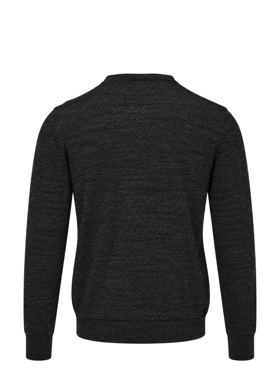 Lemaire crew neck sweater in dark charcoal mouliné knit with ribbed neckline, cuffs, and hem on a white background - view 2