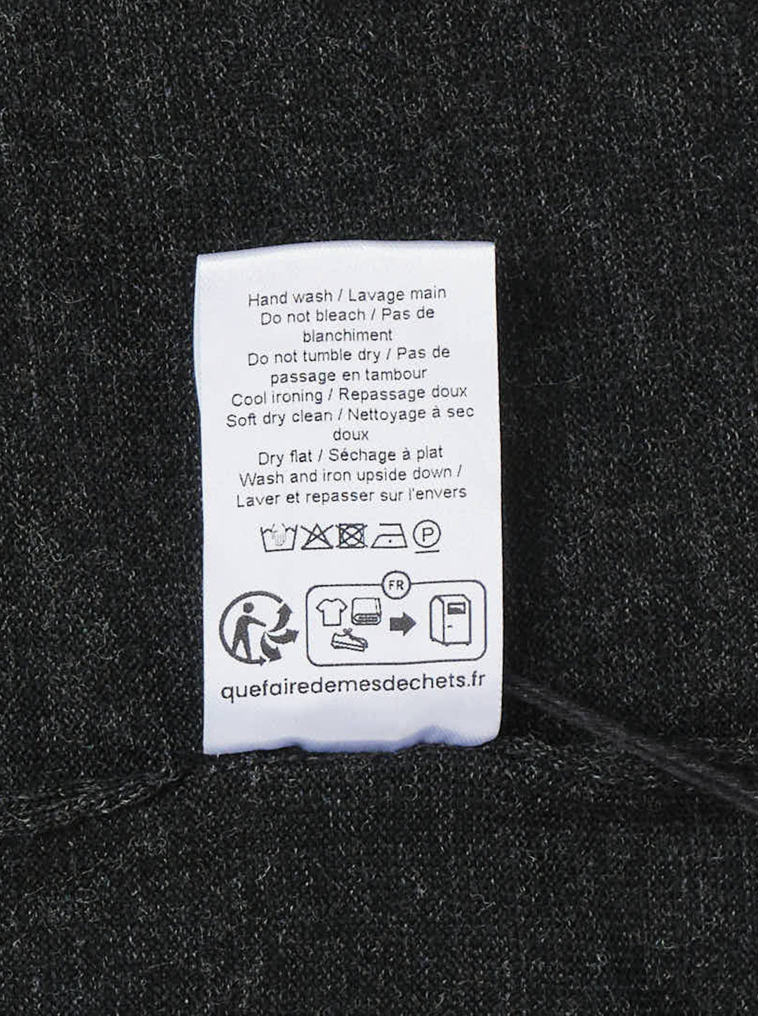 Lemaire crew neck sweater in dark charcoal mouliné knit with ribbed neckline, cuffs, and hem on a white background - view 3