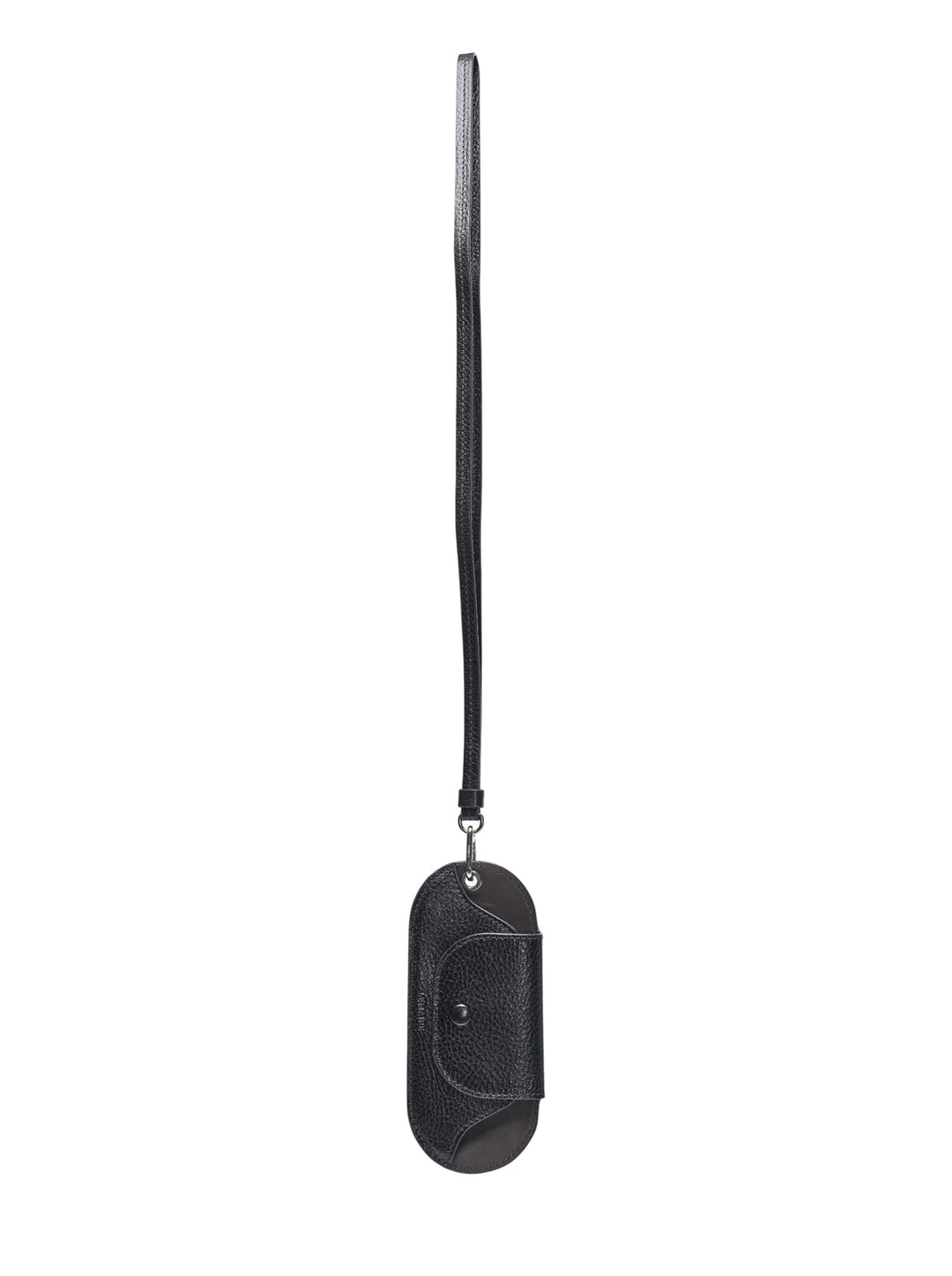 Lemaire Bell Glasses Holder in black pebbled leather with an oval silhouette, snap-fastened front pocket, and long leather lanyard with silver-tone clip