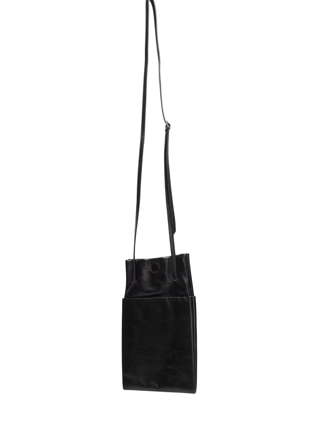 Lemaire Book Pouch in black grained cowhide leather with a long adjustable crossbody strap and gathered press-stud top closure - view 2