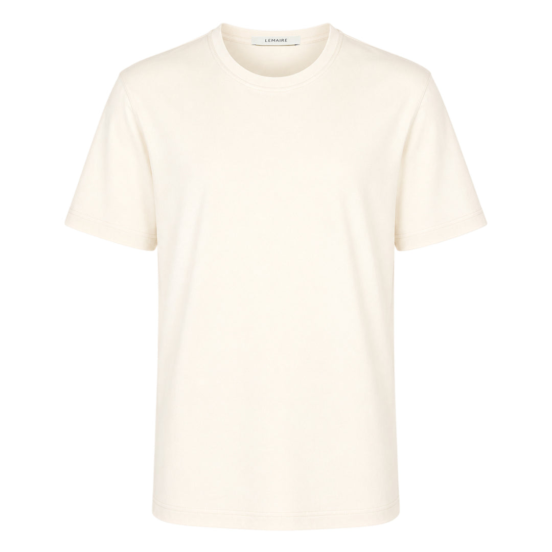 Lemaire U-Neck Rib Jersey Tee in warm taupe, featuring a scooped neckline, dropped shoulders, and boxy relaxed fit