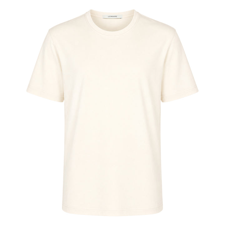 Lemaire U-Neck Rib Jersey Tee in warm taupe, featuring a scooped neckline, dropped shoulders, and boxy relaxed fit