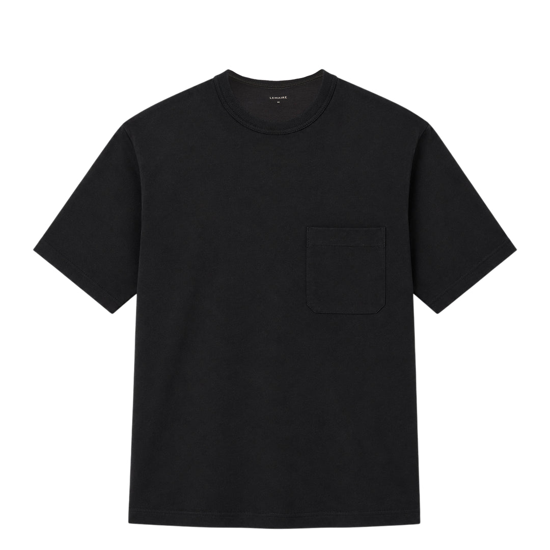 Lemaire Boxy Compact Cotton Tee in sand beige, featuring a relaxed oversized silhouette, crew neckline, and a single topstitched chest patch pocket