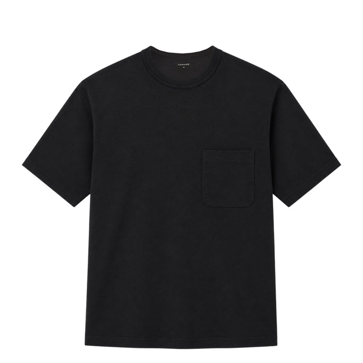 Lemaire Boxy Compact Cotton Tee in sand beige, featuring a relaxed oversized silhouette, crew neckline, and a single topstitched chest patch pocket
