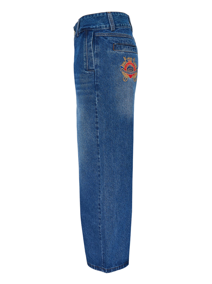 House of Errors Crown Jeans in mid-wash blue denim with whiskered fading, wide-leg cut and gold-tone engraved button, shown flat from the front - view 3