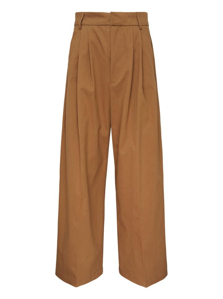 House of Errors pleated wide-leg trousers in camel brown, shown front-on with double front pleats and a high-rise waist