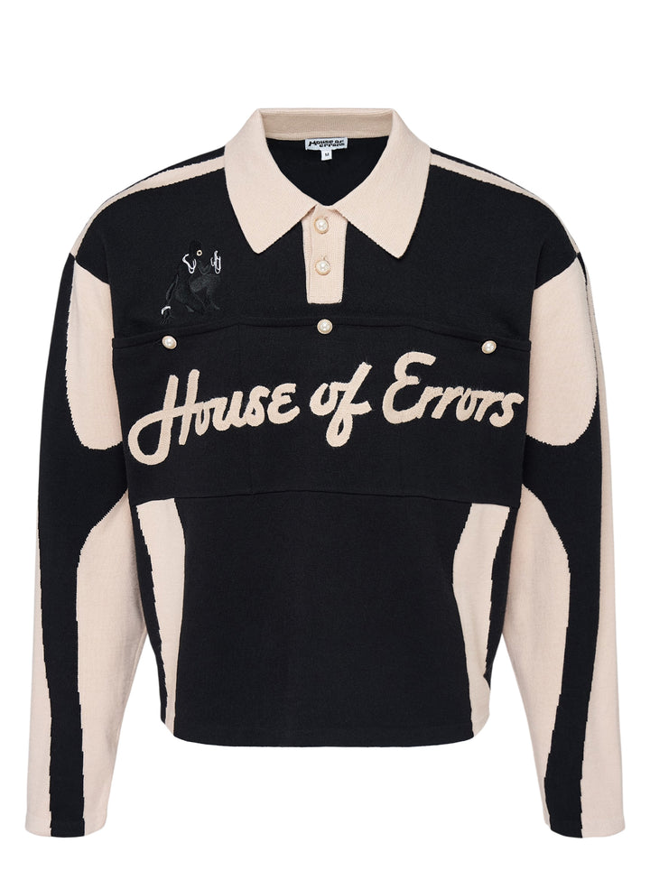 House of Errors Knitted Cat Burglar Rugby Shirt in black with cream panels, polo collar, pearl buttons and chenille script lettering