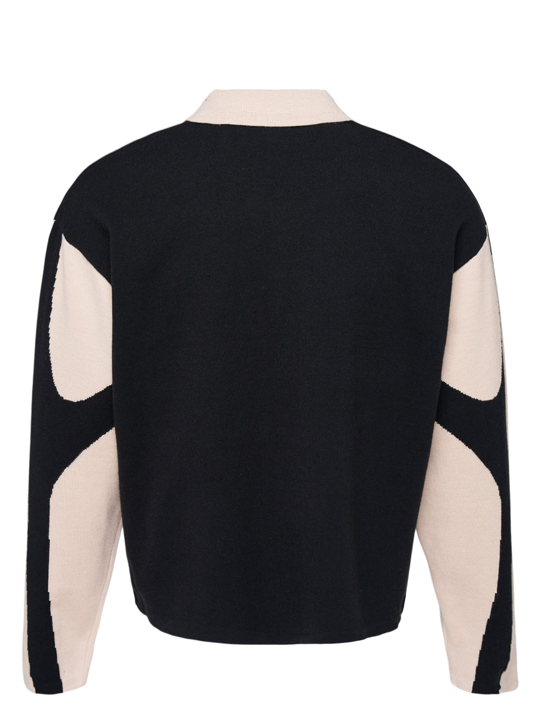House of Errors Knitted Cat Burglar Rugby Shirt in black with cream panels, polo collar, pearl buttons and chenille script lettering - view 2