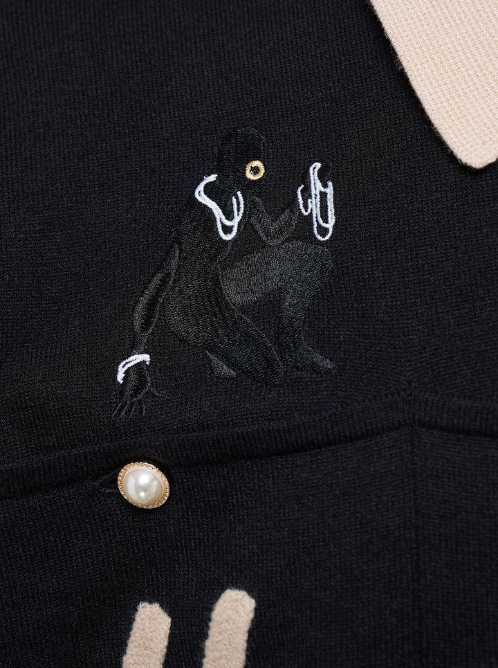 House of Errors Knitted Cat Burglar Rugby Shirt in black with cream panels, polo collar, pearl buttons and chenille script lettering - view 3