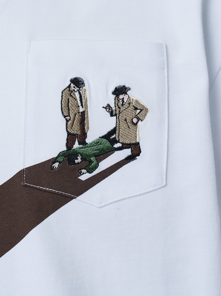 White House of Errors The Body Pocket T-Shirt with an embroidered detective scene on the chest pocket and a long printed shadow across the front - view 3