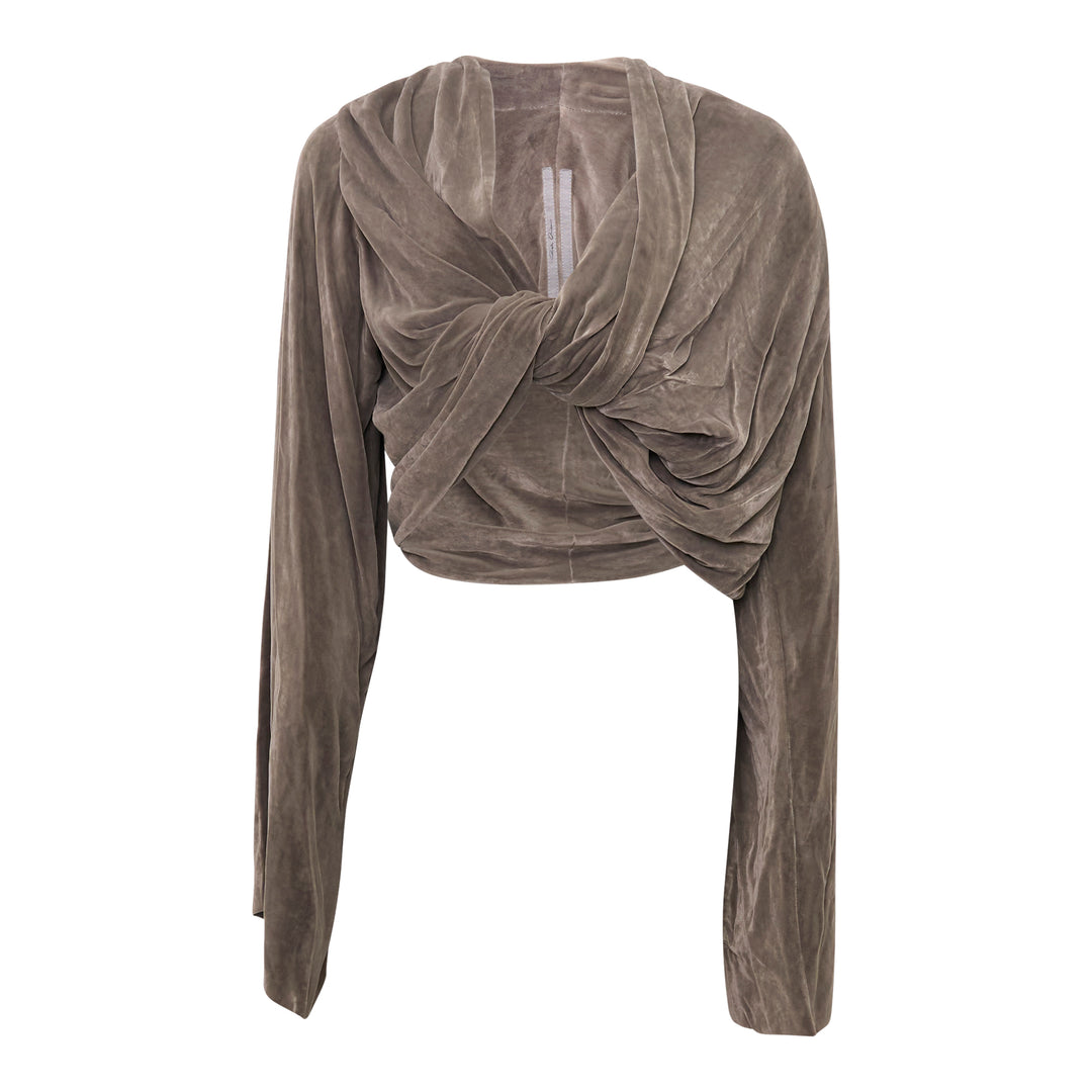 Rick Owens Velvet Twist Top in taupe, featuring a sculptural centre-front twist knot, deep V-neckline, long sleeves, and a cropped silhouette, photographed flat on a white background
