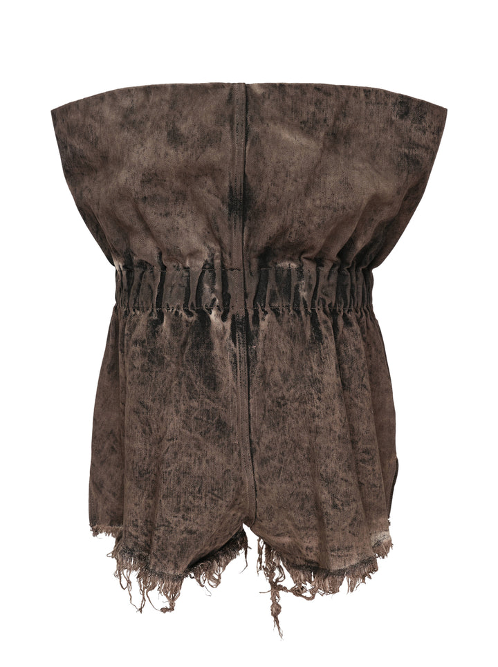 Rick Owens Crater Shorts in 13oz dust-wash brown denim — rear view showing strapless bandeau romper silhouette, gathered elasticated waist, and raw frayed hem - view 2