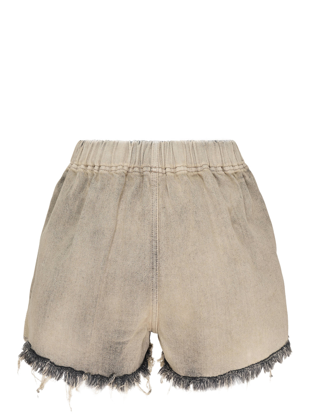 Rick Owens mineral wash denim shorts with elasticated waistband and raw frayed hem in washed beige-grey tone, back view on white background - view 2