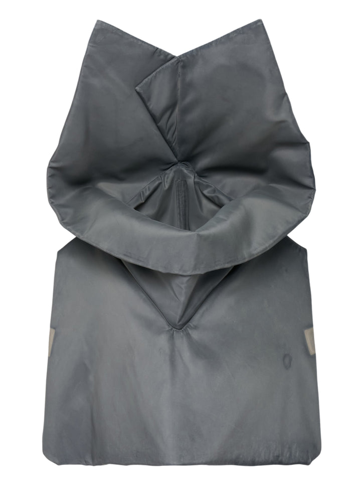 Rick Owens washed bomber cowl cape with sculptural folded funnel neck and side patches, shown flat against a white background