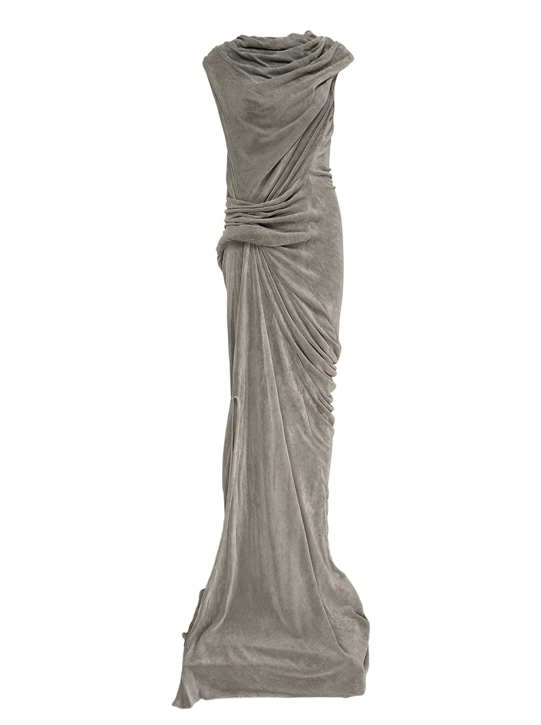Rick Owens Strutter Velvet Gown in muted taupe, featuring a draped cowl neckline, ruched waist gathering, and floor-length column skirt with a side slit