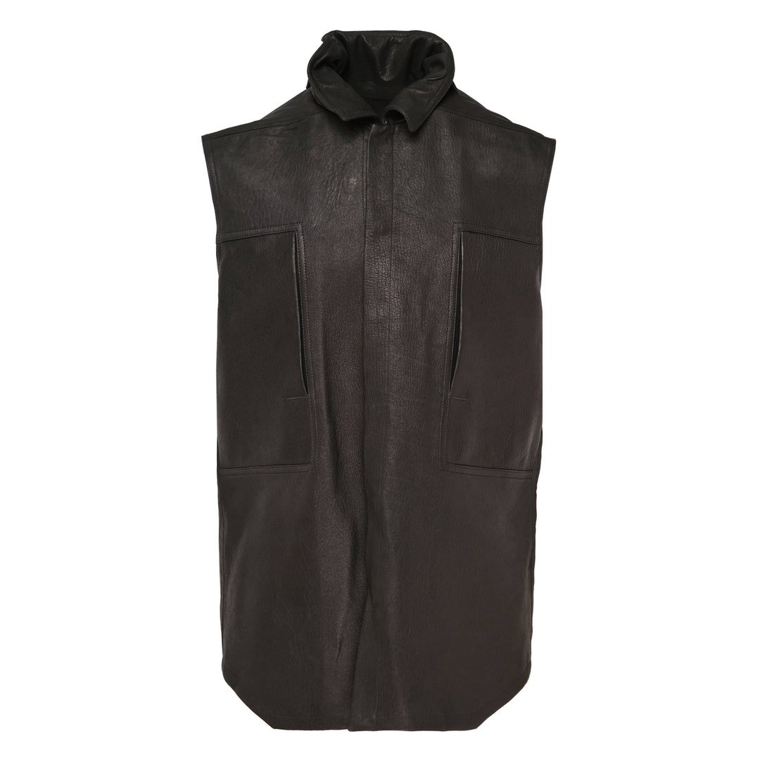 Rick Owens sleeveless black grained leather shirt with oversized draped collar, hidden front placket, and two patch pockets in a longline silhouette