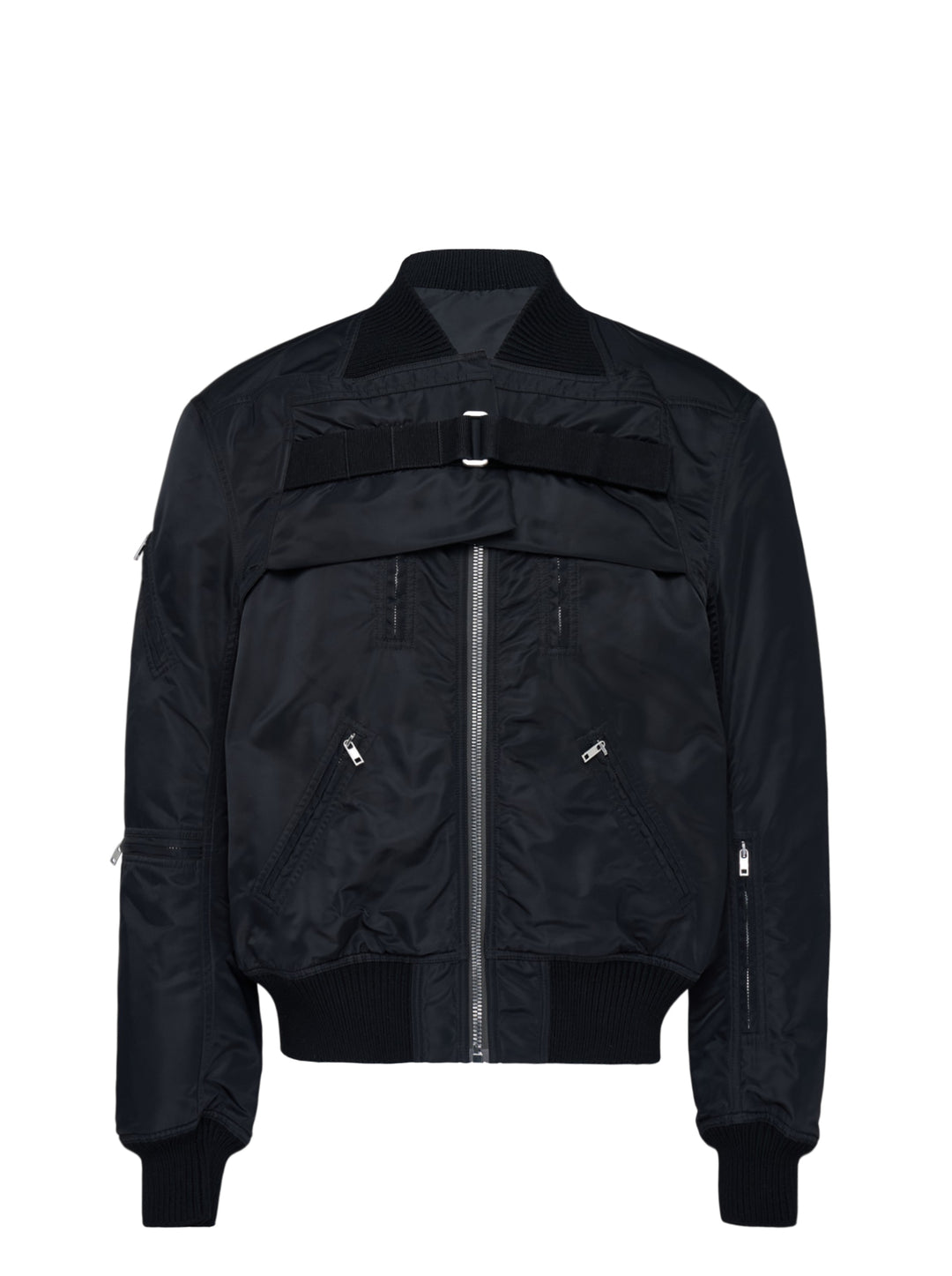 Rick Owens black washed nylon sleeveless bomber vest with V-neckline, silver front zip, four zip pockets and ribbed knit hem - view 5