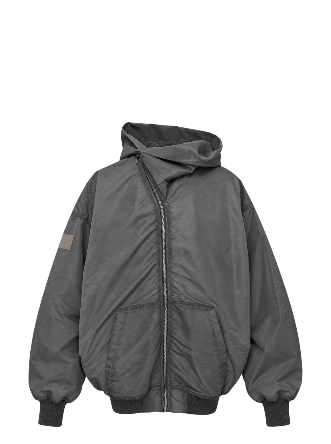 Rick Owens Mountain Hun washed bomber hoodie in faded charcoal with asymmetric zip, draped hood and ribbed cuffs