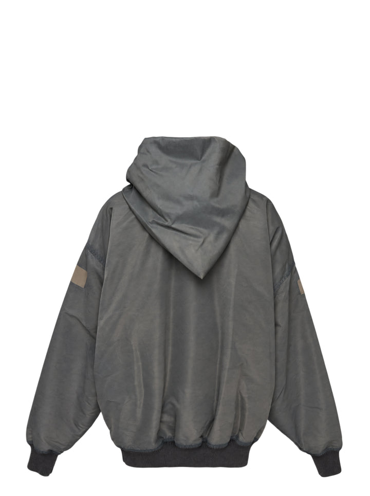 Rick Owens Mountain Hun washed bomber hoodie in faded charcoal with asymmetric zip, draped hood and ribbed cuffs - view 2