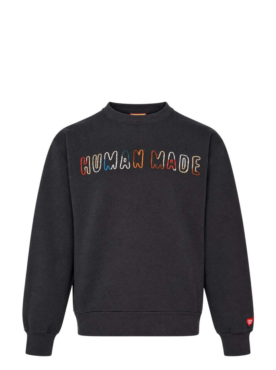 Human Made Embroidered Crewneck Sweatshirt in washed black with multicolour chain-stitch logo lettering across the chest and a heart logo patch on the cuff