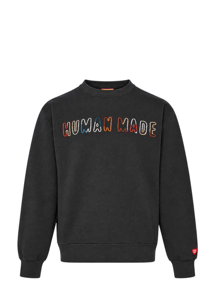 Human Made Embroidered Crewneck Sweatshirt in washed black with multicolour chain-stitch logo lettering across the chest and a heart logo patch on the cuff